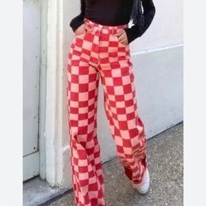 Zara Pants Size 14  Pink Red Checkered Wide Leg High Rise Denim Retro Style